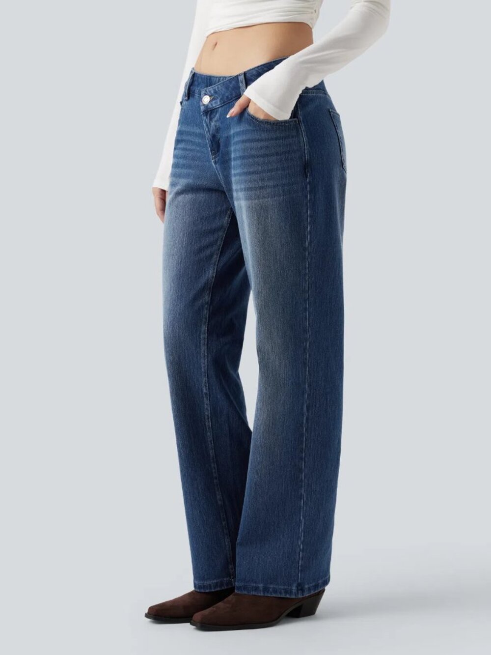 Halara Flex™ Asymmetric Low Rise Straight Leg Casual Jeans with Pockets
